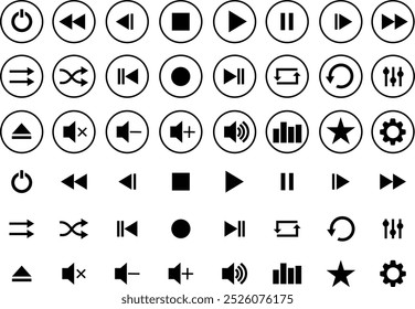 Conjunto de ícones planos do Media Player. Coleção de símbolos multimídia isolados em fundo transparente. Áudio, volume, interface, botões de media player de design. Jogar, pausar, parar, gravar, avançar, retroceder.