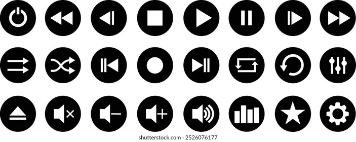 Flachbild-Symbole für den Media Player. Sammlung von Multimedia-Symbolen einzeln auf transparentem Hintergrund. Audio, Lautstärke, Schnittstelle, Design Media Player-Tasten. Play, pause, stop, record, forward, rewind.
