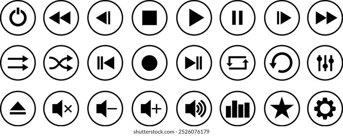 Conjunto de ícones planos do Media Player. Coleção de símbolos multimídia isolados em fundo transparente. Áudio, volume, interface, botões de media player de design. Jogar, pausar, parar, gravar, avançar, retroceder.