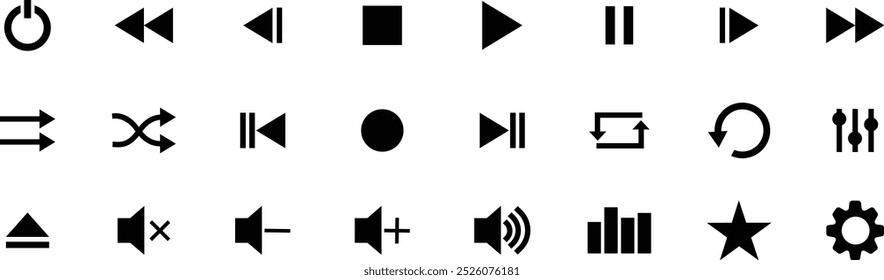 Flachbild-Symbole für den Media Player. Sammlung von Multimedia-Symbolen einzeln auf transparentem Hintergrund. Audio, Lautstärke, Schnittstelle, Design Media Player-Tasten. Play, pause, stop, record, forward, rewind.