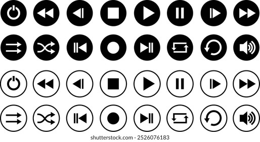 Conjunto de ícones planos do Media Player. Coleção de símbolos multimídia isolados em fundo transparente. Áudio, volume, interface, botões de media player de design. Jogar, pausar, parar, gravar, avançar, retroceder.