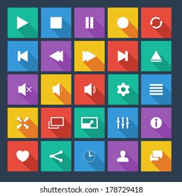 Media player flat vector icons with long shadow.