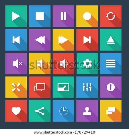 Media player flat vector icons with long shadow.
