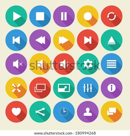 Media player flat vector icons with long shadow.