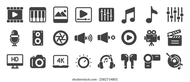 Media player glyph solid icons collection. Containing content video, audio, multimedia, music, entertainment. Minimal icon and symbol series vector illustration