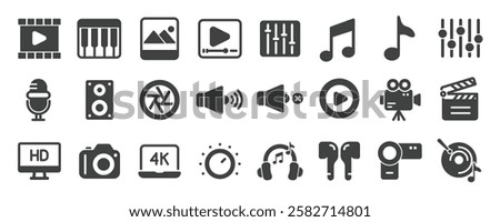 Media player glyph solid icons collection. Containing content video, audio, multimedia, music, entertainment. Minimal icon and symbol series vector illustration