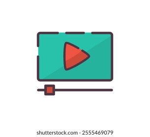 Media player icon illustration. Flat line color icon of a vibrant vector icon of a play button on a screen, representing video playback and media player interface. Colored outline icon.