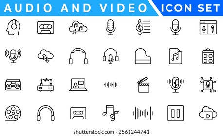 Media player icon. Music, video media player icons collection. Volume, video, music icons