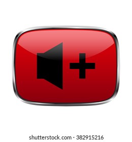 Media player icon red with volume increase sign. Rounded square web button