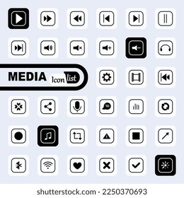 Juego de iconos del reproductor de medios. Blanco y negro aislados.