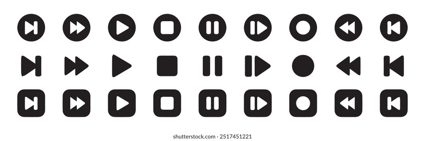 Media Player Icon Set, Buttons Multimedia Interface, Musik, Audio, Stopp, Play, Pause, Record etc. Vektorgrafik EPS 10