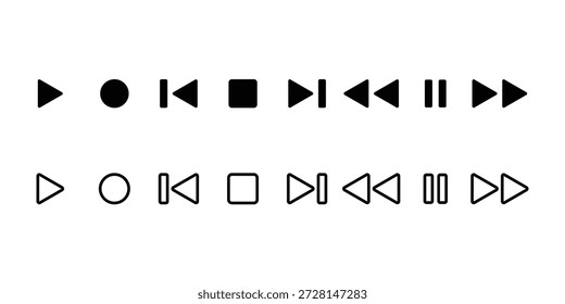 Ícone do Media Player definido, controles, reproduzir, pausar, parar, gravar, retroceder e avançar, vetor, ilustração.