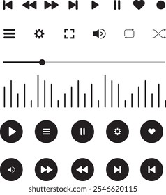 Symbolsatz für Media Player. Satz von Mediaplayer-Symbolen im Linienstil. Musik, Benutzeroberfläche, Design Media Player-Schaltflächen-Kollektion.