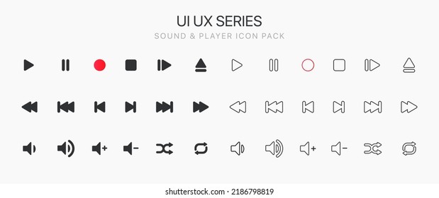 Juego de iconos del reproductor de medios. Control de audio de música multimedia. Símbolos de la interfaz del reproductor de medios. Reproducir, pausar, saltar, detener iconos para aplicaciones móviles, sitio web, interfaz de usuario, sistema operativo.