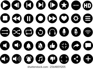 Media player icon set. Multimedia music audio control Media player interface symbol Play pause skip stop vector collection isolated on transparent background for mobile app website UI operation