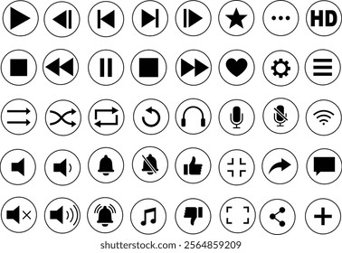 Media player icon set. Multimedia music audio control Media player interface symbol Play pause skip stop vector collection isolated on transparent background for mobile app website UI operation