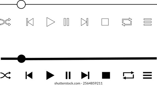 Media player icon set. Multimedia music audio control Media player interface symbol Play pause skip stop vector collection isolated on transparent background for mobile app website UI operation