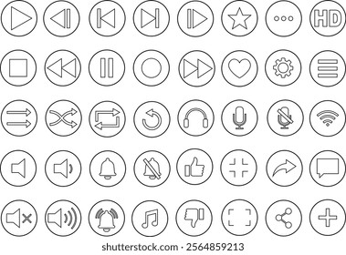 Media player icon set. Multimedia music audio control Media player interface symbol Play pause skip stop vector collection isolated on transparent background for mobile app website UI operation