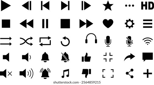 Media player icon set. Multimedia music audio control Media player interface symbol Play pause skip stop vector collection isolated on transparent background for mobile app website UI operation