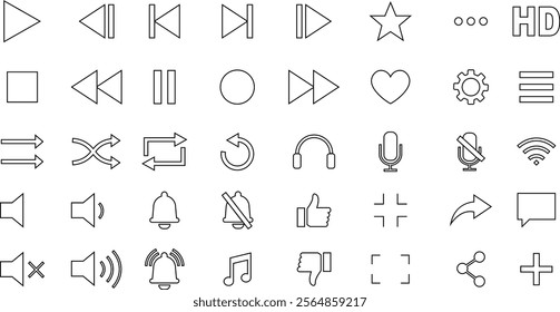 Media player icon set. Multimedia music audio control Media player interface symbol Play pause skip stop vector collection isolated on transparent background for mobile app website UI operation