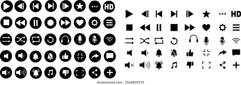 Media player icon set. Multimedia music audio control Media player interface symbol Play pause skip stop vector collection isolated on transparent background for mobile app website UI operation