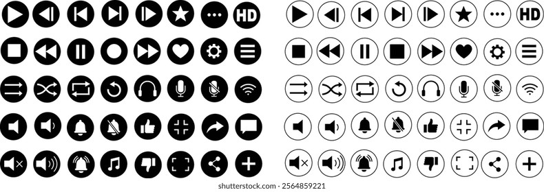 Media player icon set. Multimedia music audio control Media player interface symbol Play pause skip stop vector collection isolated on transparent background for mobile app website UI operation