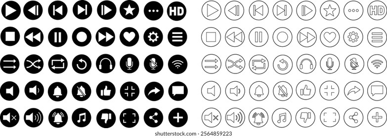 Media player icon set. Multimedia music audio control Media player interface symbol Play pause skip stop vector collection isolated on transparent background for mobile app website UI operation