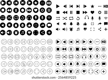 Media player icon set. Multimedia music audio control Media player interface symbol Play pause skip stop vector collection isolated on transparent background for mobile app website UI operation