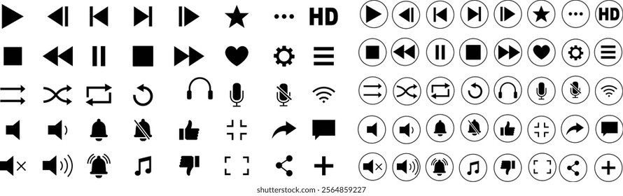 Media player icon set. Multimedia music audio control Media player interface symbol Play pause skip stop vector collection isolated on transparent background for mobile app website UI operation