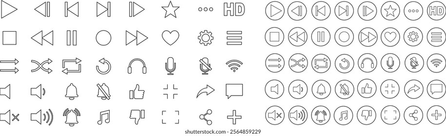 Media player icon set. Multimedia music audio control Media player interface symbol Play pause skip stop vector collection isolated on transparent background for mobile app website UI operation