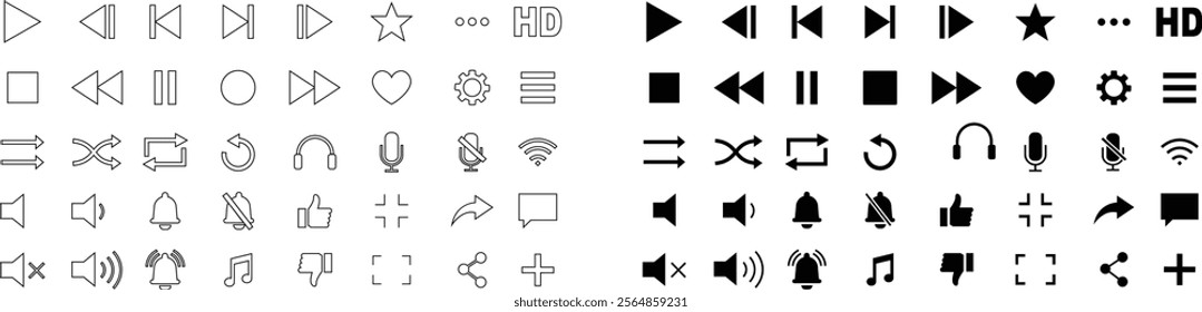 Media player icon set. Multimedia music audio control Media player interface symbol Play pause skip stop vector collection isolated on transparent background for mobile app website UI operation