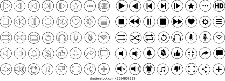 Media player icon set. Multimedia music audio control Media player interface symbol Play pause skip stop vector collection isolated on transparent background for mobile app website UI operation