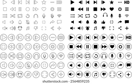 Media player icon set. Multimedia music audio control Media player interface symbol Play pause skip stop vector collection isolated on transparent background for mobile app website UI operation