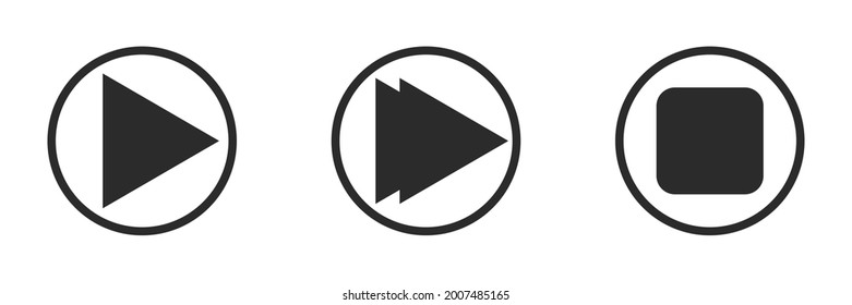 Media player icon set (play icon, fast forward icon, stop or pause icon) on white background.
