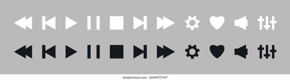 Media player icon set. Sing play, pause, next, previous like and settings symbol in black and white color flat style. Video Audio playback interface element