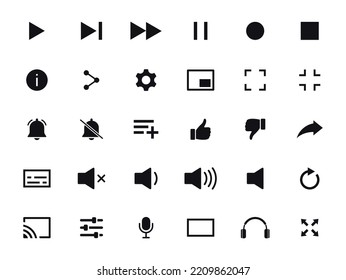 Media player icon set. Video player control icons. Interface icons for multimedia and music player. Media control buttons. Vector illustration.