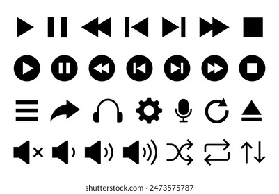 Media player icon set. Video and audio player buttons collection. Player interface. vector