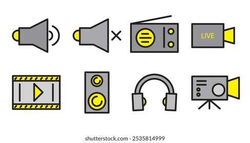 Video Conjunto de iconos de reproductor multimedia, símbolo de señal de audio. 