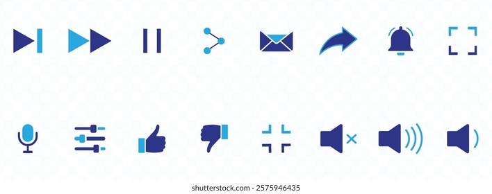 Media player icon set. Video player control icons. Interface icons for multimedia and music player. Media control buttons. Vector illustration.