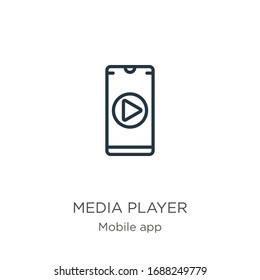 Icono de reproductor multimedia. Icono de contorno lineal delgado del reproductor de medios aislado en fondo blanco de la colección de aplicaciones móviles. Signo vectorial de línea, símbolo para web y móvil