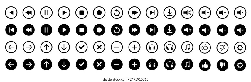 Media player icons. Player button icon. Vector play, rewind, pause, stop buttons. Audio wave icon. Equalizer template. Sound waves for voice message.