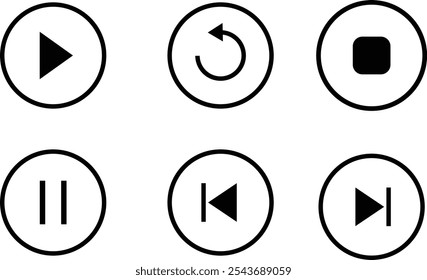 Symbole des Media Players. Symbol der Player-Schaltfläche. Vektorspiel, Zurückspulen, Pause, Stopp-Tasten. Audiowellen-Symbol. Sammlung von Multimedia-Symbolen, Media-Player-Tasten. Spielpause fortsetzen schnell vorwärts
