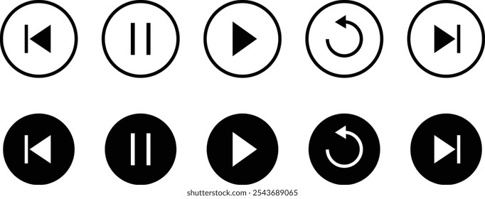 Iconos de reproductor multimedia. Icono de Botón del jugador. Vector Jugar, rebobinar, pausar, detener Botones. Icono de onda de audio. colección de símbolos multimedia, Botones de reproductor multimedia. reanudación de la pausa de reproducción rápida hacia adelante
