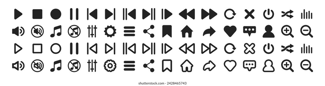 Sammlung von Mediaplayer-Symbolen. Wiedergabe, Pause, Stopp, Aufnahme, Vorwärts, Rückspulen. Sammlung von Multimedia-Symbolen und Audio, Musik Lautsprecher Lautstärke, Schnittstelle, Design Media Player Tasten. 