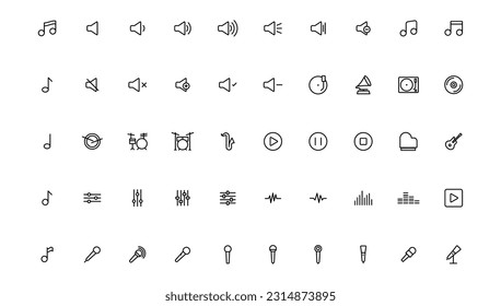 Media player icons collection. Video player icons. Cinema icon.Music icon. Outline icon.
