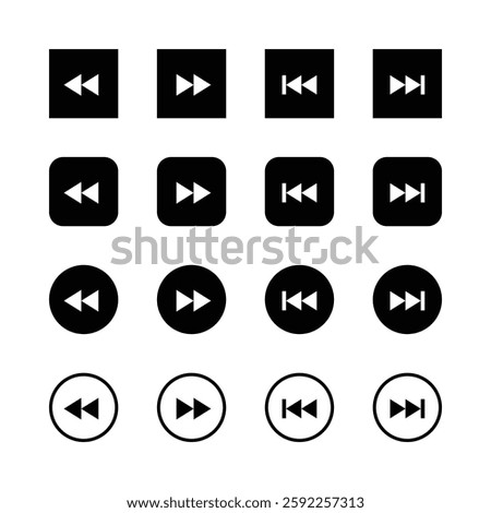 Media player icons, minimalist design, black
and white, rewind and fast forward buttons,
square and circular shapes, simple geometric
forms, user interface elements, music control
symbols.