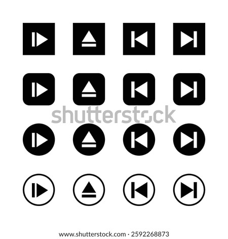 Media player icons, minimalist design, black
‘and white, geometric shapes, playback
‘controls, user interface elements, square
button, pause bution, skip forward, skip
backward, eject button.