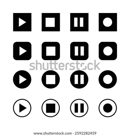 Media player icons, minimalist design, black
and white, play button, pause button, stop
button, record button, geometric shapes, user
interface elements, square icons, circular icons,
rounded square.