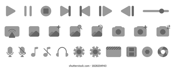 Media player icons. Multimedia control set. Video and audio toolbar interface. Media pack collection. Play and stop icon with settings gear. Mic and notation symbol in black and grey. EPS 10