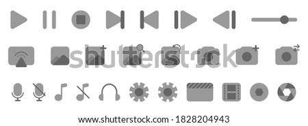 Media player icons. Multimedia control set. Video and audio toolbar interface. Media pack collection. Play and stop icon with settings gear. Mic and notation symbol in black and grey. EPS 10